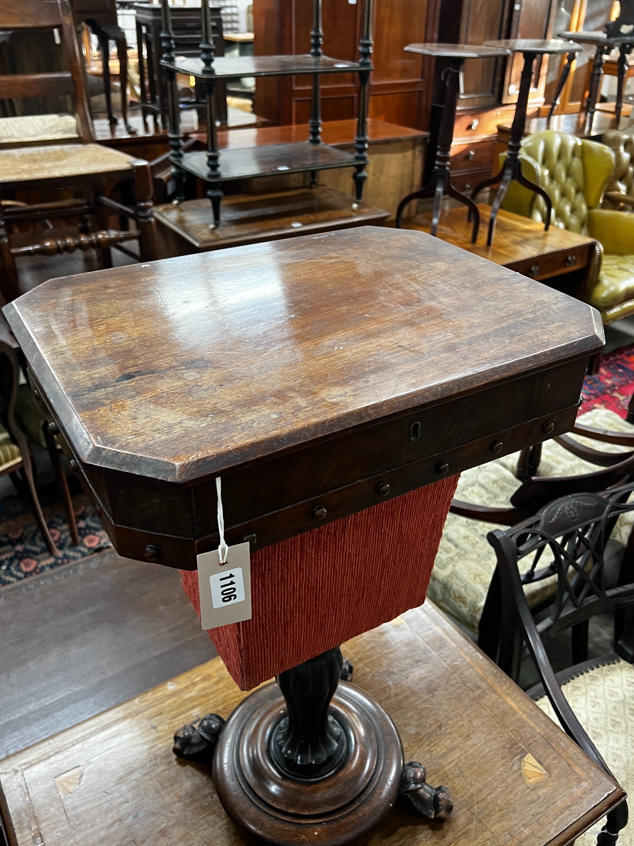 An early Victorian mahogany work table, width 45cm, depth 35cm, height 71cm